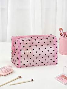 1 pieza Bolsa de maquillaje de malla con corazón rosa, bolsa de almacenamiento minimalista, bolsa de aseo multifuncional, adecuada para maquillaje, viajes y uso diario - Rosa - Ver 4