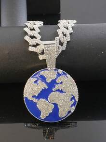 Bộ dây chuyền và đồng hồ Hip Hop Blue Drip Oil Earth, mặt dây chuyền đính đá toàn bộ, dây xích Cuban, phong cách đường phố dành cho rapper, quà tặng dự tiệc, quà sinh nhật cho bạn bè và gia đình. - Màu xanh lam - Xem 6