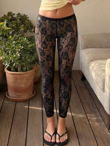 Pantalones Capri de Encaje Recortados para Mujer, Sexy, Transparentes, Leggings Cortos de Encaje Floral, Ajuste Estrecho, Lazo Lateral, Pedal Pushers Coquette, Parte Inferior Ajustada - Negro - Ver 5