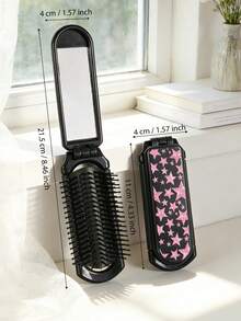 This 2-In-1 Folding Comb With Mirror And Massage Function, Printed With Cute Star, Heart, Sunflower And Colorful Flower Patterns. Portable And Lightweight, Perfect For Daily Commute, Business Trip, Travel, Outdoor Activities, Dating And Student Dorm Use, A Convenient And Practical Hair Styling Tool. - Black - View 2
