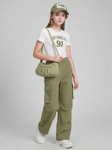 2pcs/Set Elegant Fitted Letter Print T-Shirt Paired With Green Cargo Pants, Fashionable & Comfortable Summer Outfit, Suitable For Daily Wear, Back To School Season - Multicolor - View 4
