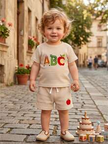 Toddler Boys Cotton Shorts Set Apple Letter Embroidered Casual Preppy Summer Back To School Outfits - Apricot - View 1