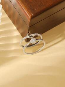 Gift Box Set Couple Rings With Star & Moon Design, Cubic Zirconia Inlaid Shiny Jewelry, Suitable As Holiday Gift - Silver - View 5