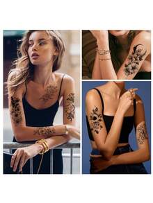 10 Sheets Watercolor Rose Flower Temporary Tattoos For Women, 10 Sheets Colorful Arm Sleeve Tattoos For Adults Floral Snake Lion, Arm Semi Permanent Fake Tattoos - Multicolor - View 7