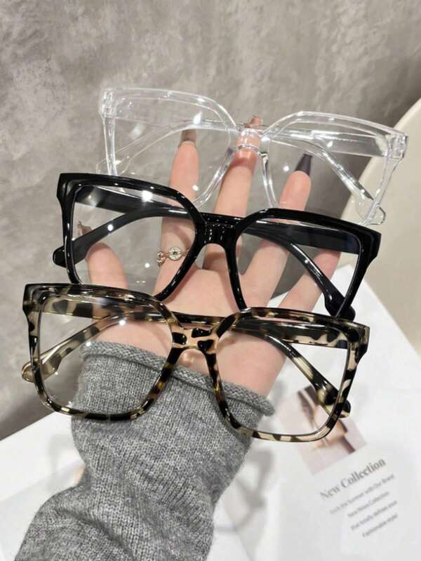 1 Pair Square Transparent Glasses, Fashion Leopard Print Solid Color Full Frame Design, Suitable For Flat Face Shape Large Frame Glasses