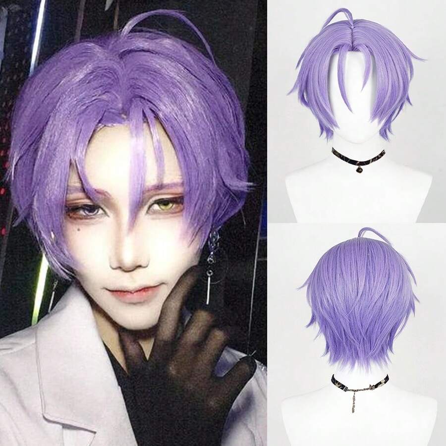 Ombre Gradual Purple Men Synthetic Short Straight Wigs Middle Part Anime Game Cosplay Fluffy Wig For Daily Party - Violet Purple - View 1