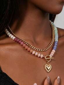1Pc Boho Rainbow Beaded Heart Pendant Necklace, Layered OT Toggle Clasp Chain, Perfect For Valentine's Day & Anniversary Gifts For Girlfriend - Multicolor - View 4