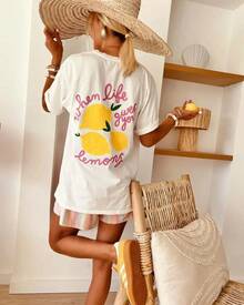 Oversized T-Shirt With Lemon Print, Gothic Style For Couples - Black - View 1