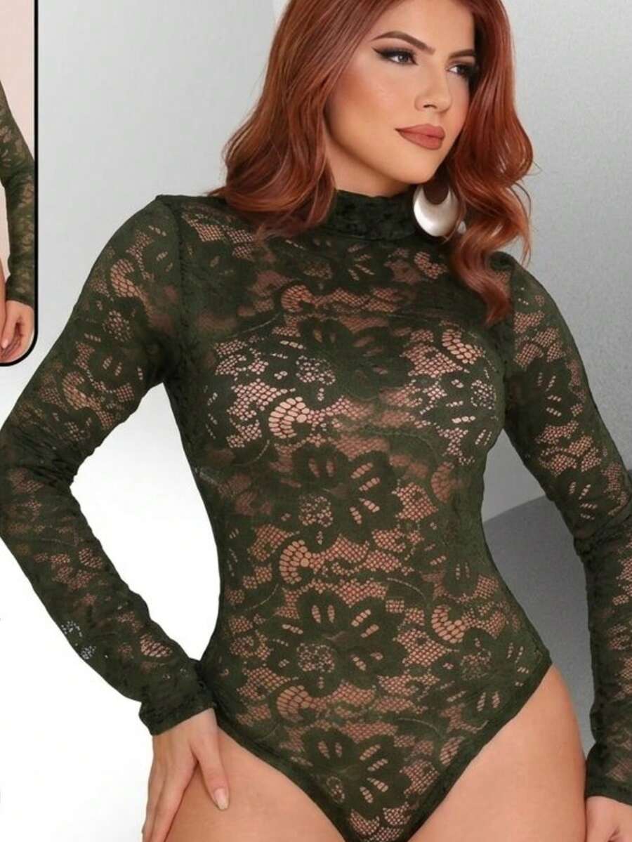 Lace Bodysuit With High Neck - Winter - Fashion Look - 綠色 - 查看 1