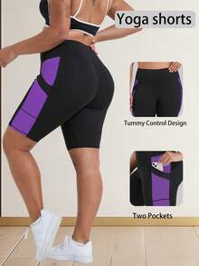 Pantalones cortos de fitness para mujer talla grande primavera/verano nuevos, cintura alta, levantamiento de glúteos, pantalones cortos de ciclismo, pantalones cortos deportivos ajustados, pantalones cortos de yoga de cintura alta, diseño de color en contraste, con bolsillos, adecuados para deportes, correr, fitness y varias ocasiones - Morado - Ver 3