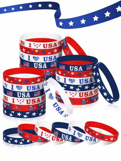 6条装美国国旗图案手环，独立日派对礼品硅胶腕带，美国国旗红白蓝橡胶手环，百搭礼物，爱国独立日派对节日装饰配饰礼品。（1/3/6条装）