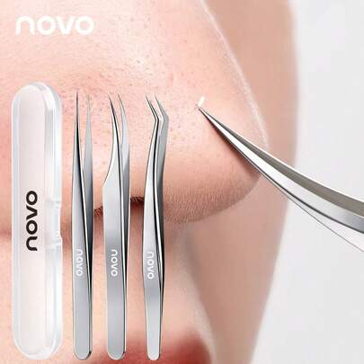 NOVO 1/2pcs Deep Pore Cleansing Tweezer For Women And Men, Durable Ultra-Fine Stainless Steel Pimple Extractor With Non-Slip Grip, For Splinter, Facial, Brow And Ingrown Hair Removal, Blackhead Extractor, Pimple Popper Tool, Eyelash Extensions