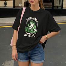 Camiseta Negra con Estampado de Rana y Texto Sana Sana Colita de Rana para Uso Diario - Negro - Ver 3