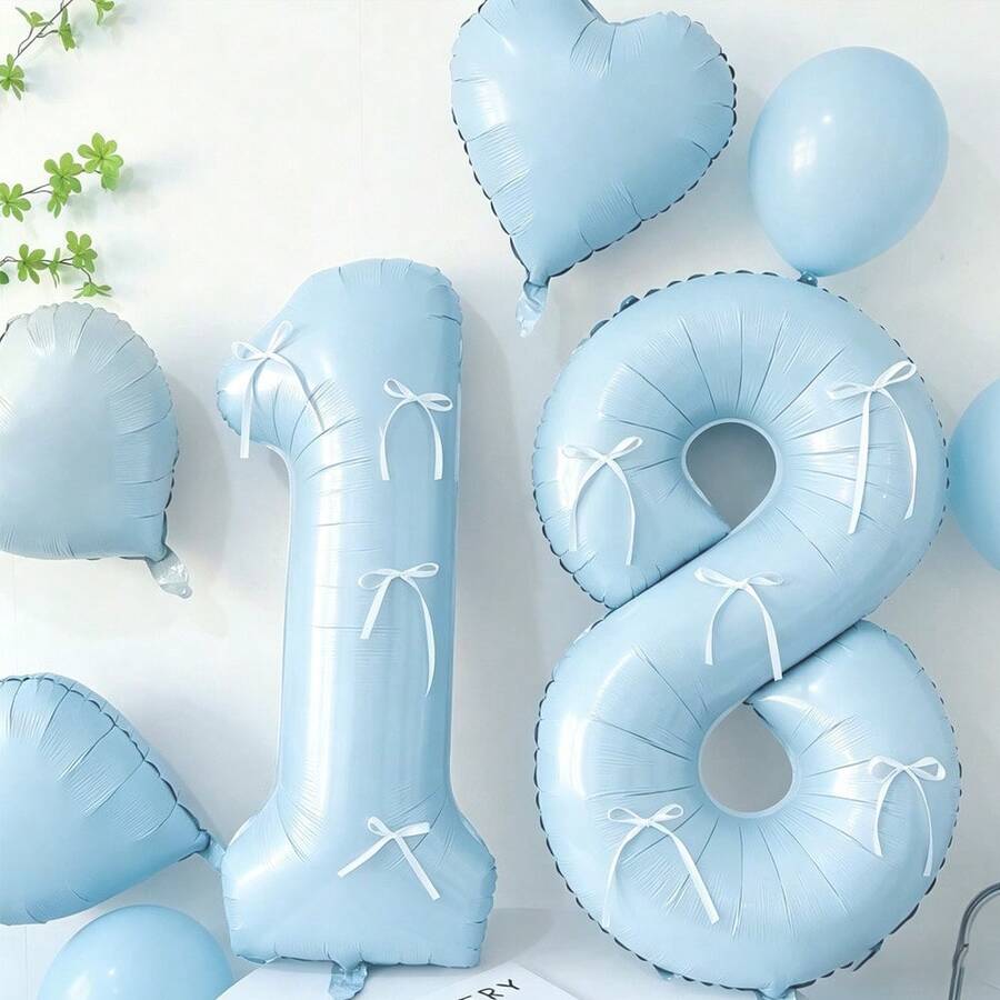 7pcs Blue Number Balloon Set, Bow Tie DIY Decor, Blue Number (0-9) Foil Balloons, Includes Glue, Suitable For Birthday Party, Room Decor, Anniversary, Photo Props, Princess Party Decoration - Baby Blue + Bow - View 1