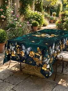 1 buc. față de masă verde cu imprimeu floral și fluturi auriu și argintiu, pentru masă de dining dreptunghiulară/rotundă, fundal verde închis și negru, stil vintage de lux, impermeabilă, rezistentă la ulei și pete, lavabilă, pentru living, măsuță de cafea, terasă, nuntă, petrecere, decor de acasă - Multicolor - Vizualizare 2