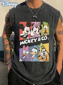 Disney Official Licensed Mickey & Co. Unisex Acid Wash Tank Top, Mickey Mouse Minnie Donald Duck Goofy Daisy Duck Graphic Sleeveless Top, 230g Heavyweight Cotton Blend Summer Casual Wear - 黑色 - 查看 4