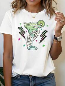 Margarita Skull Themed Women's T-Shirt | Casual Short Sleeve T-Shirt With Graphic Cocktail Decor Pattern, Green-Pink, Elegant Retro Style, Party , Ideal For Lovers, Everyday Summer Tops. - White - View 7