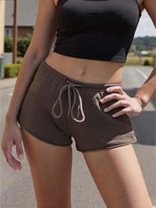 Women's Summer Drawstring Shorts Solid Color Low Waist Casual Breathable Short Pants - Brown - View 5