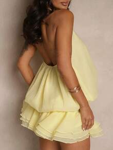 Summer Halter Dress For Women Sleeveless Ruffle Open Back Tiered Layered Chiffon Pleated A Line Swing Mini Dress - Light Yellow - View 6