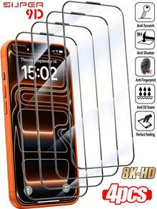4pcs Ultra-Clear 9D Full Screen Coverage Tempered Glass Screen Protector - Suitable For IPhone 17 Pro Max/17 Pro/17 Air/17e, 16 Pro Max/16 Pro/16 Plus/16e, 15 Pro Max/15 Pro/15 Plus/15, 14/13/12/11/X Series. AR High-Quality 9H Hardness Tempered Glass Material. Anti-Oil, Anti-Scratch, Anti-Fingerprint, Dust Protection - 4pcs - View 31