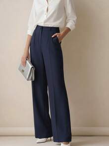 Women's Minimalist 2-Pieces Set: High-Waisted Wide-Leg Pants, Classic Navy Blue And Coffee Color, Front Pleated Waistband, Modern Low-Key Luxury Office & Casual Pants Set, Effortlessly Elegant Professional And Streetwear Style Bottom - Multicolor - View 6
