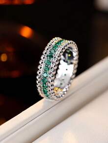 1pc Multicolor Rhinestone Edged Wide Ring, Luxury Versatile Elegant Stacking Ring - Ring - View 1
