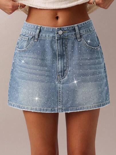 时尚水洗蓝色星光水钻牛仔半身裙，女士夏季度假休闲街头风无弹力A字修身迷你裙