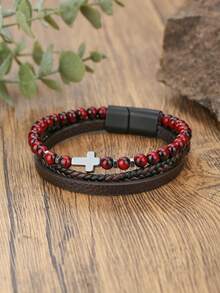 1pc Retro Cross Decor Men's Layered Beaded & PU Leather Bracelet, Natural Stone Beaded Magnetic Clasp Bracelet For Daily Wear & Gift - Multicolor - View 5