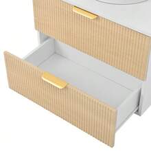 60cm Wall-Hung Bathroom Vanity Unit With Round Ceramic Sink, Drawer Fronts With Wood Look And Simple Stripe Design, High Quality MDF Board, Large Storage Capacity: 2 Drawers + Countertop. - 自然色 - 查看 10