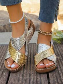 Sandal Selop Wanita Motif Bunga Bordir, Hak Wedges Empuk yang Nyaman, Sol Poliuretan yang Bernapas, Berbagai Motif, Sepatu Pantai, Sepatu Musim Panas - Emas dan perak - View 7