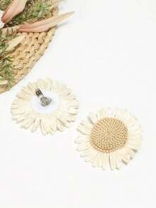 2pcs Handmade Woven Polyester Sunflower Shoe Decorations, Removable Hair Clips, Bridal Wedding Shoes Beach Style Accessories, Beige High Heels Embellishment, 2-In-1 DIY Jewelry - Beige - View 5