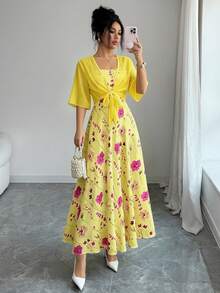 2pcs Women's Elegant Floral Chiffon Dress And Jacket Set, Romantic Outfit For Date And Vacation Spring - Yellow - View 4