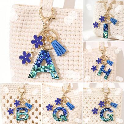 1pc Royal Blue Ombre Resin Letter Keychain, A-Z, Handmade With Tassel And Heart Sequin Decor. Suitable As Lucky Charm For Bags And Couples. Anti-Lost Tag For Backpacks, Luggage, Lunch Boxes And Car Keys. Great Gift For Mother's Day, Teacher's Day, Thanksgiving And Valentine's Day