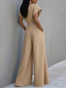 Women's New Solid Color Cutout Pocket Wide Leg Jumpsuit, Suitable For Daily, Office, Vacation In Spring & Summer - Recommend Sizing Up One Size For Slim Fit - Khaki - View 4