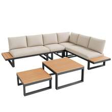 Garden Furniture Set, Corner Configuration, With Adjustable Tilt Function (5 Positions, Up To 55°), Galvanized Steel Tubing, Plastic Wood Tabletop, With Two Coffee Tables - Camel - View 7