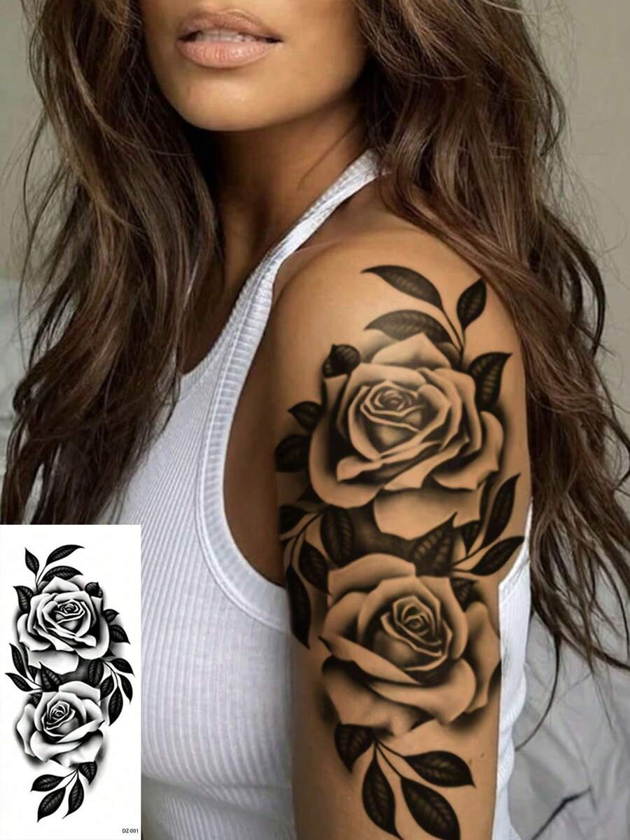 1 Foglio di Grandi Dimensioni Adesivi Tatuaggi Temporanei per il Corpo da Donna, Motivo Floreale Rosa Nera, Tatuaggi Finti Impermeabili, Durano 2-5 Giorni, Coprono Cicatrici, Possono Essere Usati su Braccia, Polsi, Spalle, Gambe, Vita, Collo, Mani, Petto, Cosce, Dita, Adatti per Estate, Spiaggia, Arte del Corpo, Vacanza, Regalo, Festa, Festival Musicale - nero - Visualizzare 1