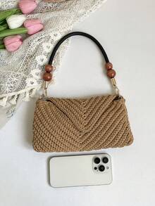 极简V形翻盖信封式腋下单肩包，女士夏季度假沙滩包，轻便波西米亚风手提包 - 卡其色 - 查看 6