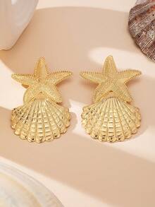 一对金属金色海星贝壳造型耳环，适合日常佩戴和度假装扮。 - 金黃色 - 查看 4