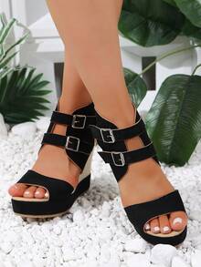 2026 Women's Summer Thick Sole Wedge High Heel Open Toe Sandals, Black Double Buckle Ankle Boots Style Hollow Peep Toe Platform Casual Sandals, Fashion Versatile Daily Wear Women Shoes - Black - View 8