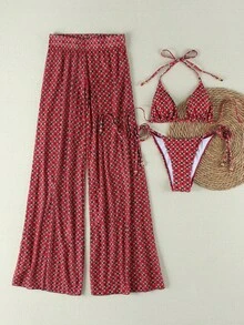 Bộ bikini gợi cảm mùa hè dành cho nữ, kiểu dáng buộc dây cổ, họa tiết kẻ caro, kèm quần ngoài. - Nhiều màu - Xem 2