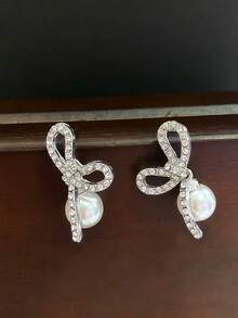 1 pereche cercei eleganți cu perle artificiale și delicate, la modă, de lux, potriviți pentru ținute casual zilnice, petreceri și adunări pentru femei - Argint - Vizualizare 5