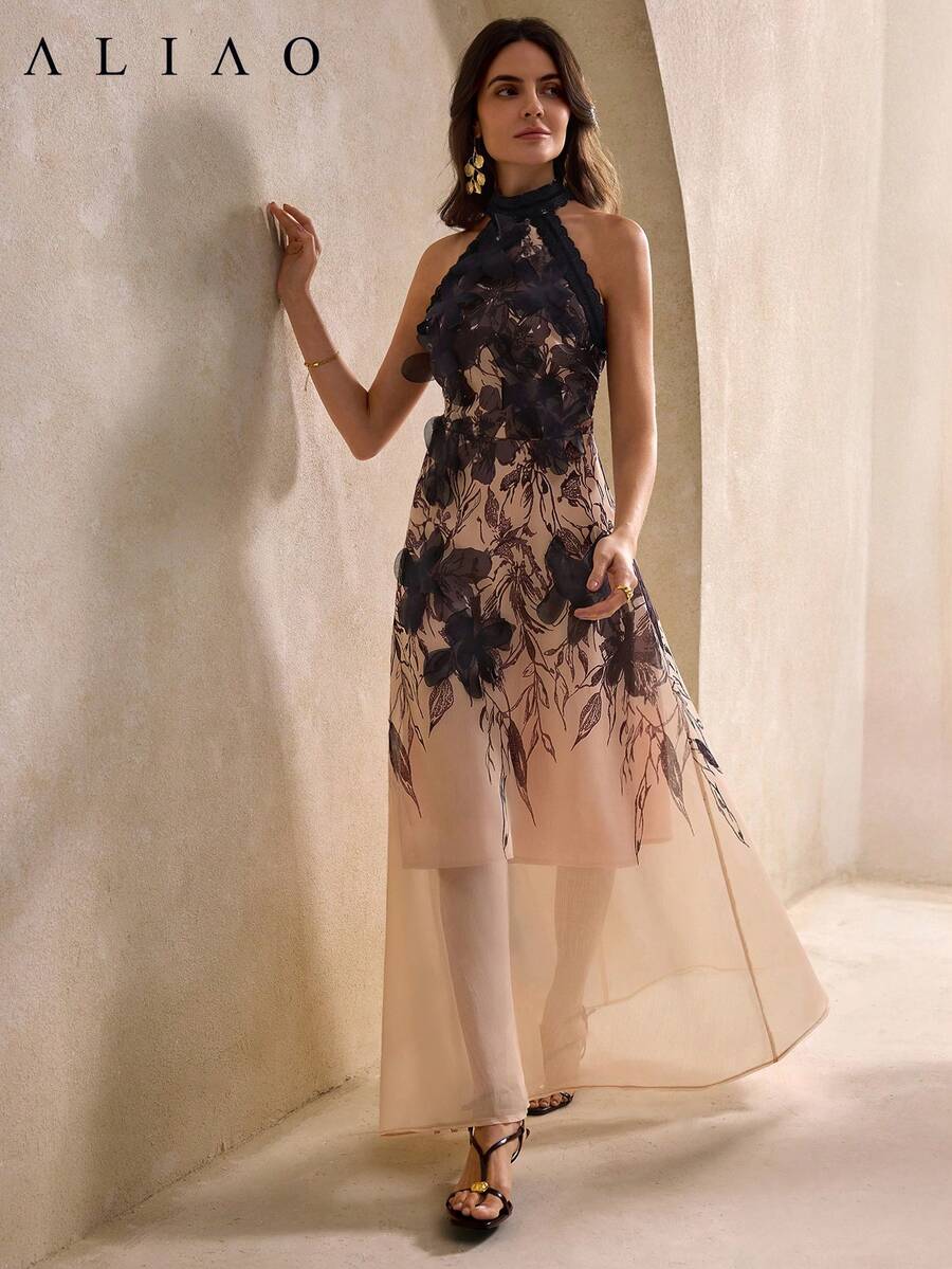 女士优雅精致3D立体花卉吊带连衣裙，印花无袖A字裙，适合春夏婚礼、派对、日常聚会、度假等场合 - 彩色 - 查看 1