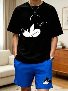Disney 2pcs Printed Men's Casual Loungewear Set, Round Neck Top And Shorts, Suitable For Spring/Summer - Blue - View 14
