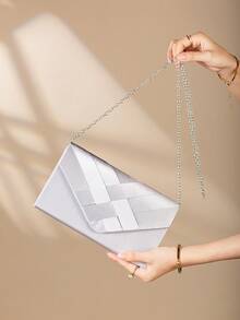 Fashion Satin Trim Evening Clutch Handbag Envelope Shoulder Bag - Silver - View 4