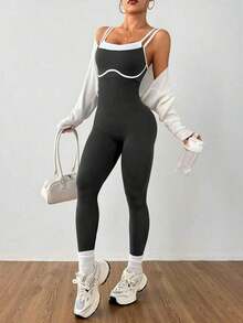 Dewbera Mono deportivo de yoga, fitness y running de alta elasticidad y sin costuras - Gris Oscuro - Ver 5