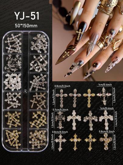 Gothic Style Cross Nail Art Decoration Set, Vintage Crystal Pearl 3D Metal Decor, Suitable For DIY Manicure Design, 12-Slot Storage Box