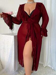 Local Delivery - -Plus-Size Sexy Lace Nightgown - 酒紅色 - 查看 1
