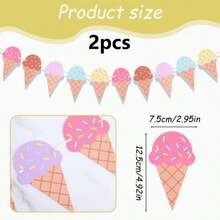 2pcs Colorful Ice Cream Cone Shaped Flags Decor, Summer Party Kids Birthday Ice Cream Theme Decorations, Baby Shower Decor - Multicolor - View 6