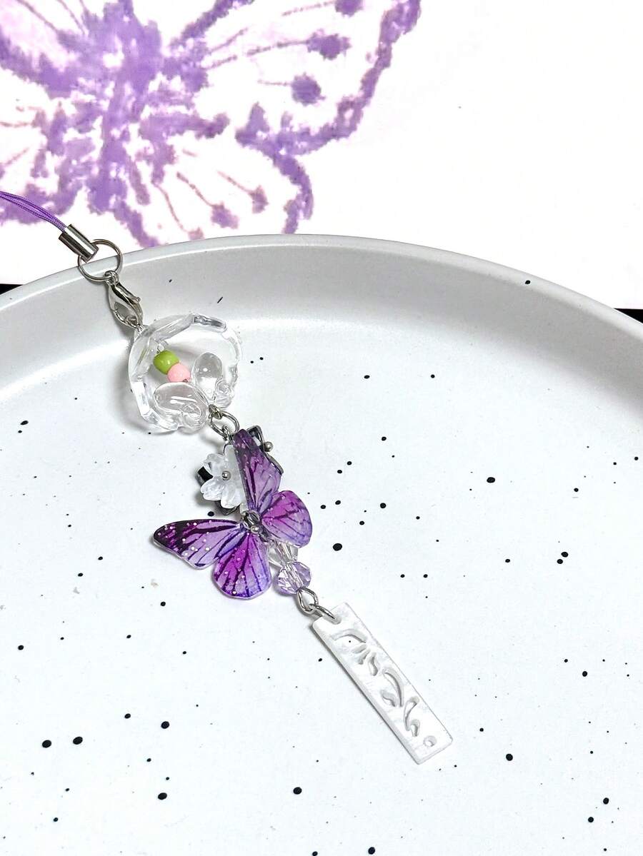 1pc Purple Butterfly Wind Chime Handmade Phone Charm, Unique Gift, Cute Small Pendant, Fresh - Purple - View 1