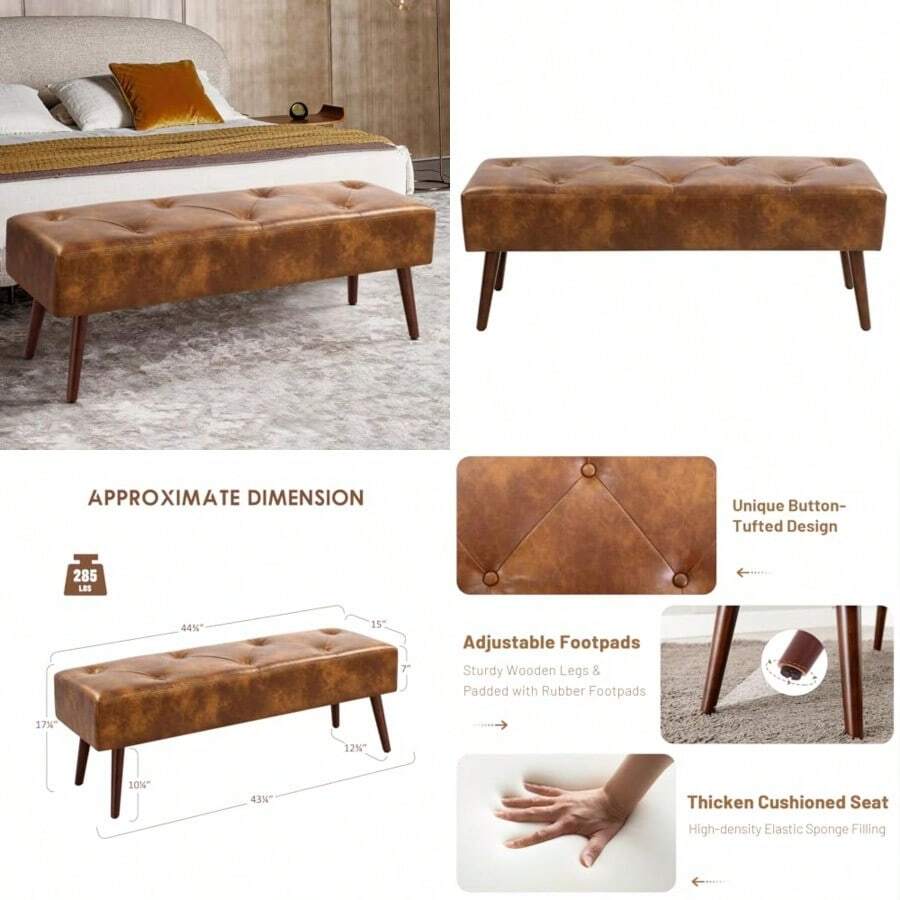 Furniliving - Banco de Piel Copetudo de 44 Pulgadas Reposapiés Asiento Para Recámara Telas Tapizadas Con Patas de Madera en Forma de X Para Cocina Interior - Pielamarillomarrn - Ver 1